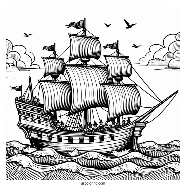 Pilgrim Coloring Page Mayflower Sailing At Sea