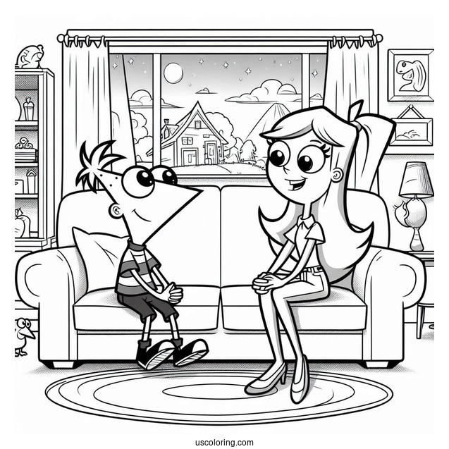 Phineas And Ferb Coloring Page And Candace Sitting In The Living Room