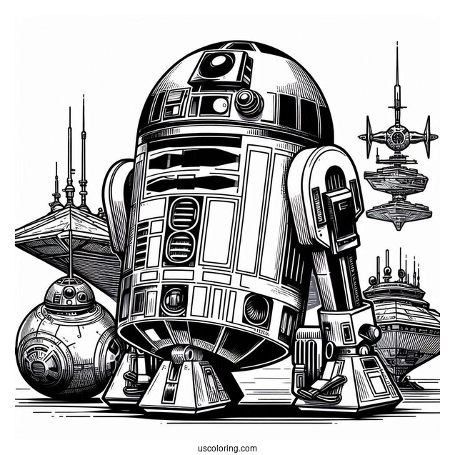 Simple R2-D2 Coloring Page In A Starship
