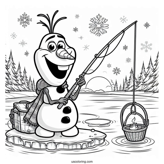 Olaf Fishing On Ice Lake To Color