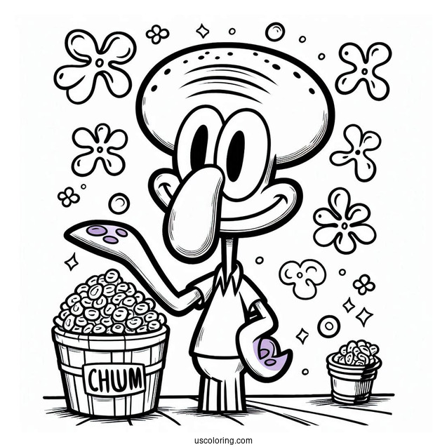 Handsome Squidward Coloring Page Posing In Front Of Chum Bucket