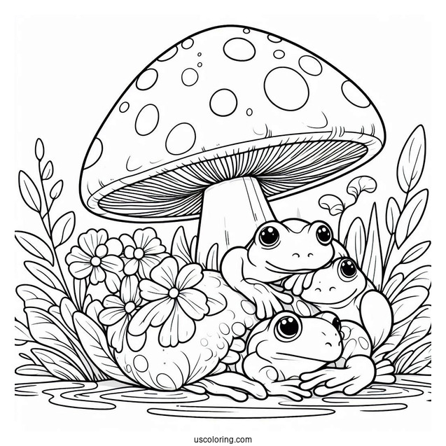 Frogs Sheltering Under A Mushroom Coloring Page