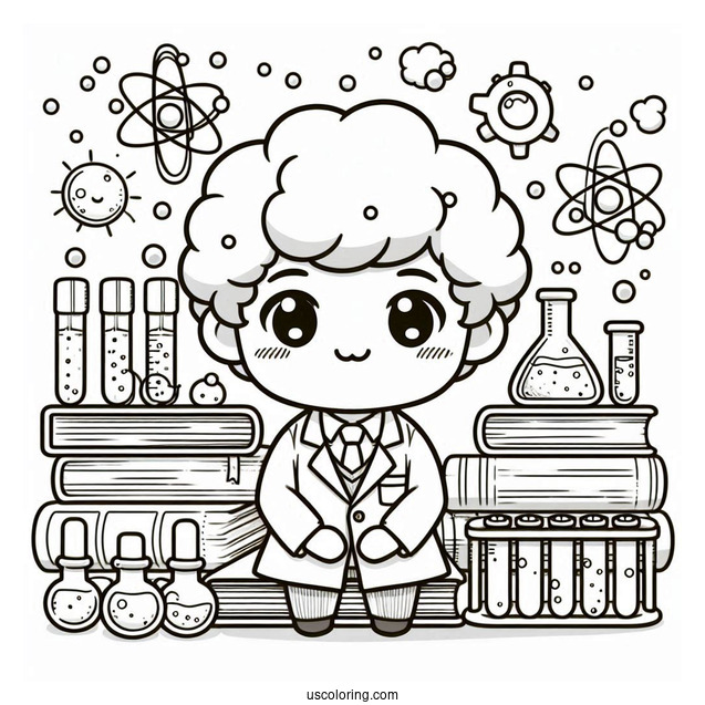 Science Coloring Page Of Chibi Scientist Surrounded By Books And Test Tubes