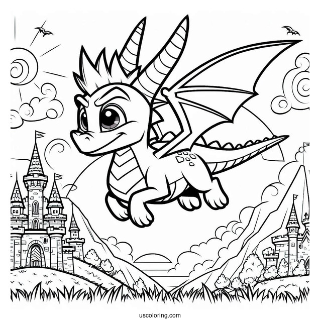 Mighty Sypro Coloring Page Flying In Front Of Castle