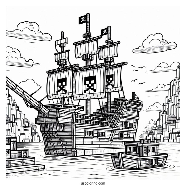 Minecraft Pirate Ship Coloring Page Docked At The Port