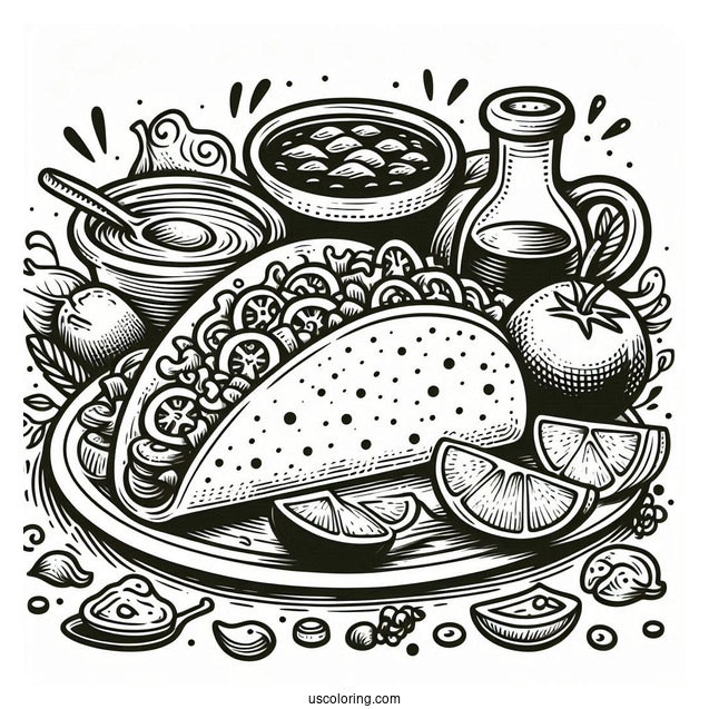 Taco Coloring Page On A Plate With Salsa