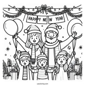 Family Celebrating The New Year Coloring Page With Banners And Balloons For Kids