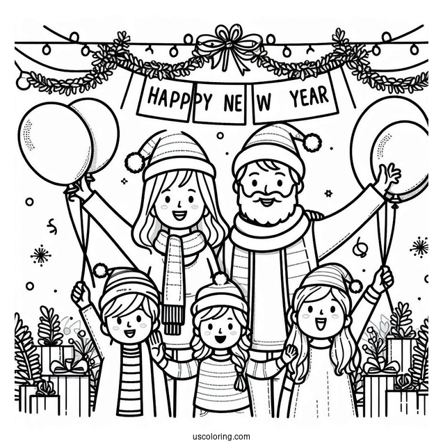 Family Celebrating The New Year Coloring Page With Banners And Balloons For Kids