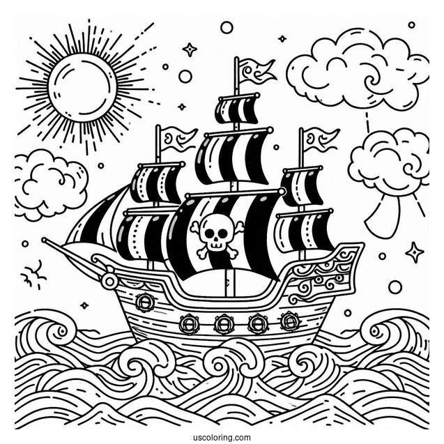 Easy Cute Pirate Ship Coloring Page With Waves For Preschoolers