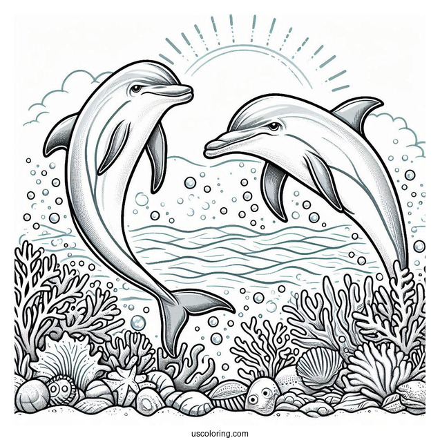 Two Dolphins Swimming On Reef Coloring Page
