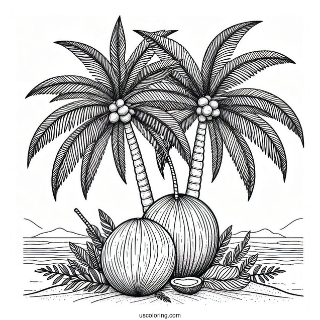 Two Large Coconut Coloring Page Trees On An Island