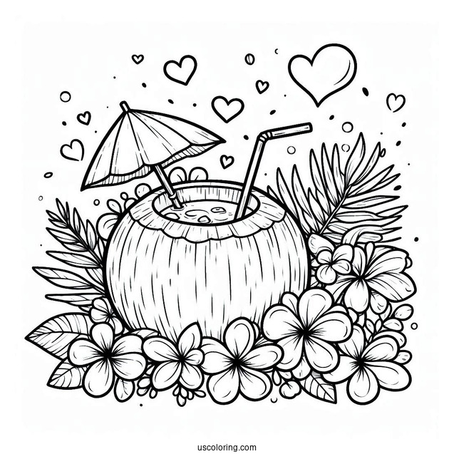 Adorable Coconut Coloring Page Drink With Flowers And Hearts For Kids