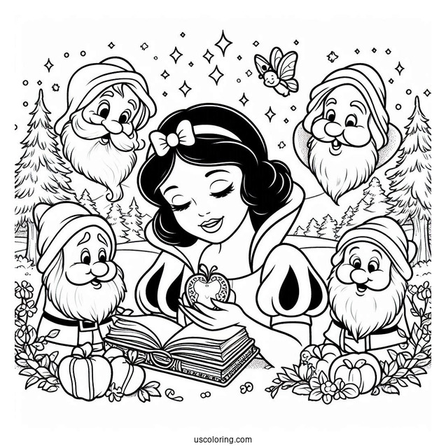 Snow White, The Prince, And Seven Dwarfs To Color