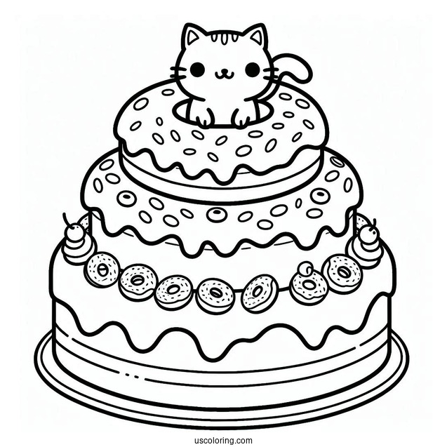 Cute Two-Layered Donut Cake With Cat Topper Coloring In
