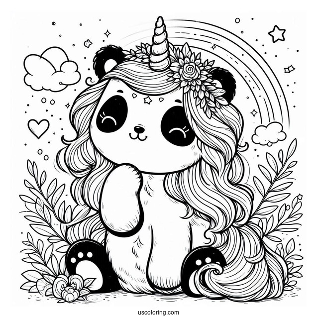 Magical Panda Coloring Page Unicorn with Fluffy Mane