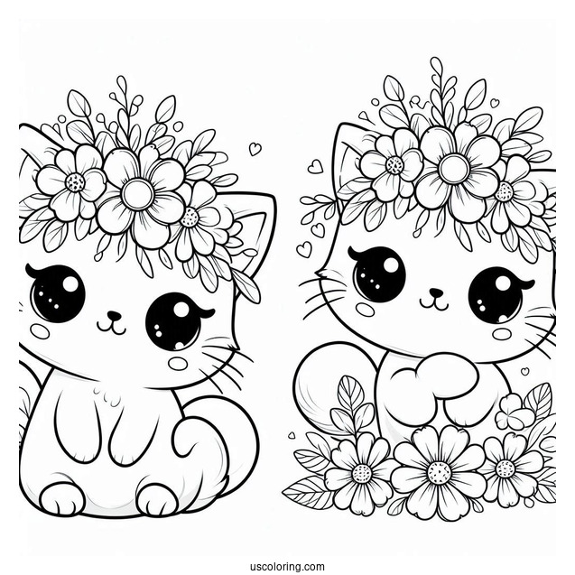 Cartoon Cat With Flowers Coloring In For Preschoolers
