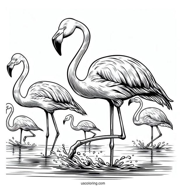 Flock Of Flamingos Walking In Water