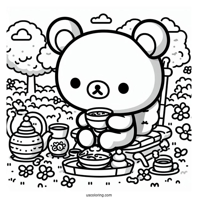 Rilakkuma Coloring Page Of Easy Chairoikoguma Having Tea In The Garden For Preschoolers