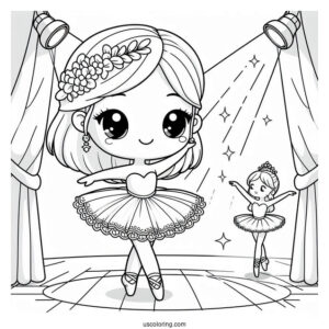 Chibi Coloring Page Ballerina Dancing on Stage Under a Spotlight For Kids