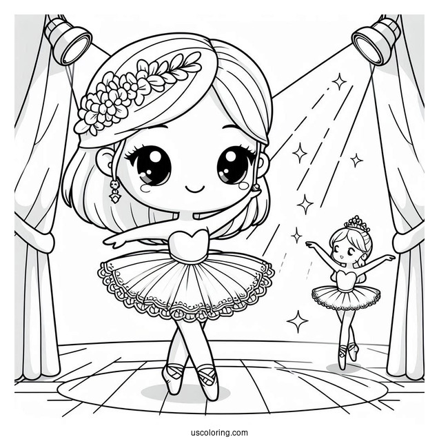 Chibi Coloring Page Ballerina Dancing on Stage Under a Spotlight For Kids