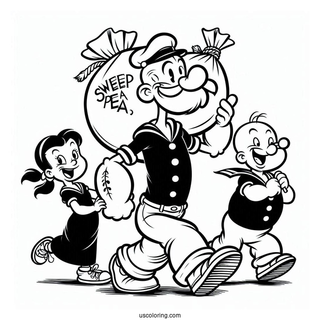 Popeye Coloring Page Carrying Swee Pea, Eugene, And Olive Oyl