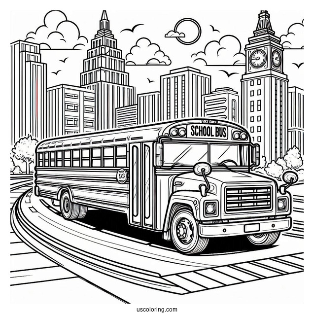 School Bus Driving Past Elementary School