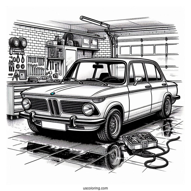 BMW Coloring Page 2002tii In Garage For Kids