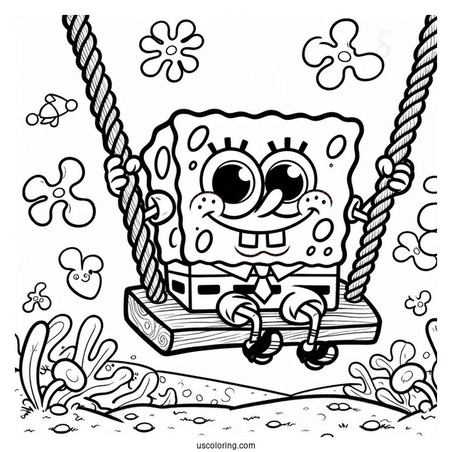 Fun SpongeBob Coloring Page Swinging From A Rope