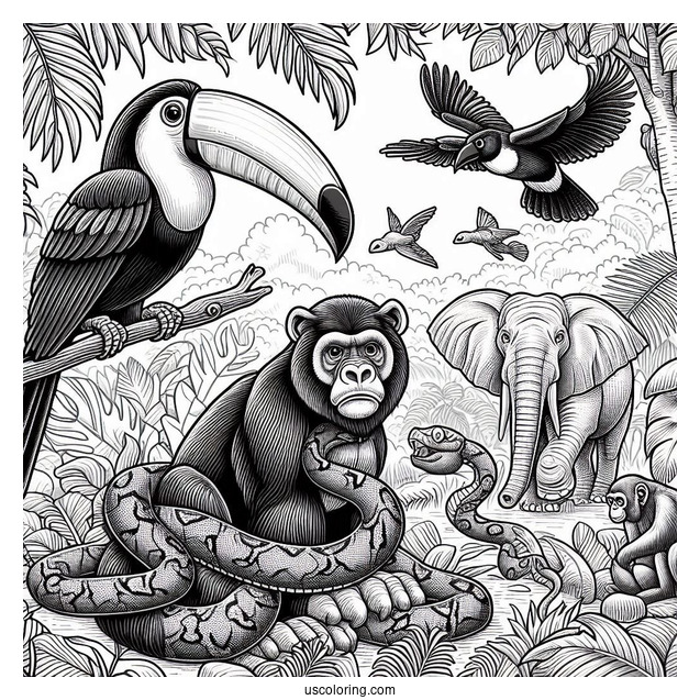 Realistic Toucan, Tiger, Snake, Gorilla, Elephant, And Monkey In Jungle Coloring Page