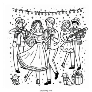 Men And Women Dancing On New Year Coloring Page For Kids
