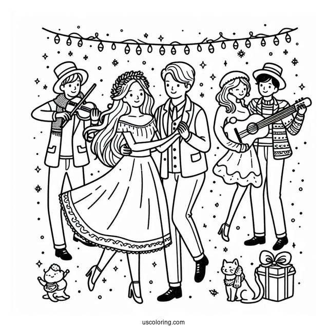 Men And Women Dancing On New Year Coloring Page For Kids