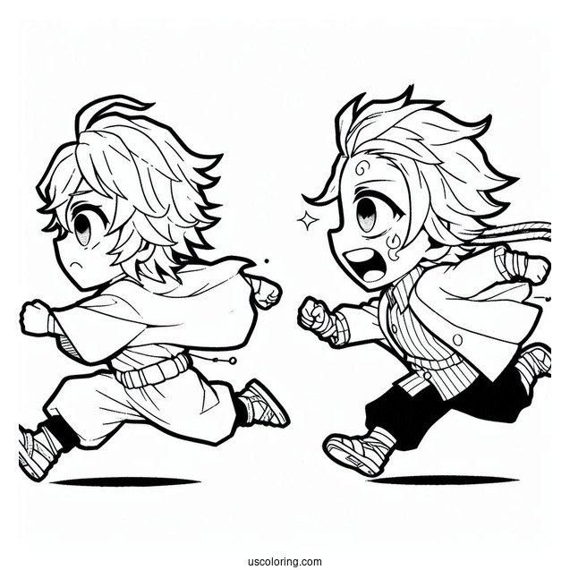 Chibi Zenitsu Chasing Tanjiro Coloring Page For Kids