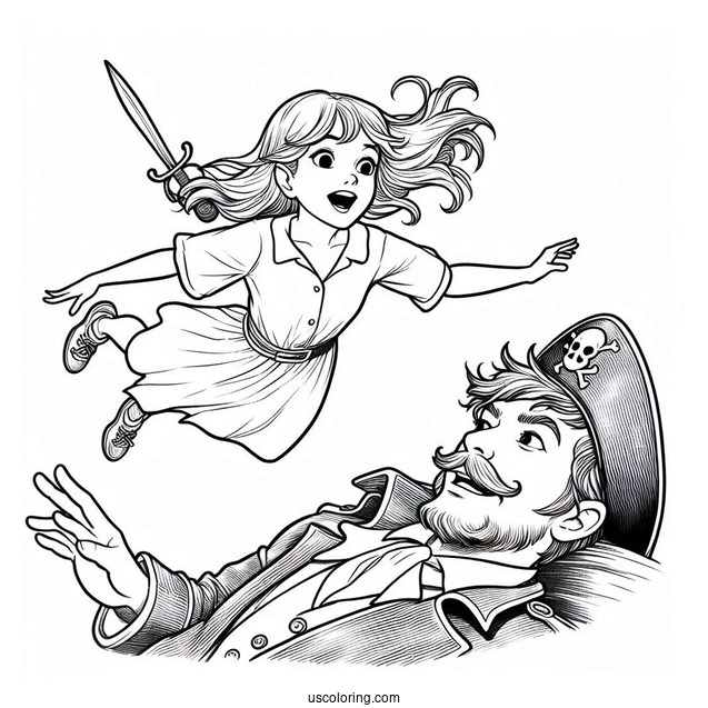 Peter Pan Flying Over Scared Captain Hook Coloring In