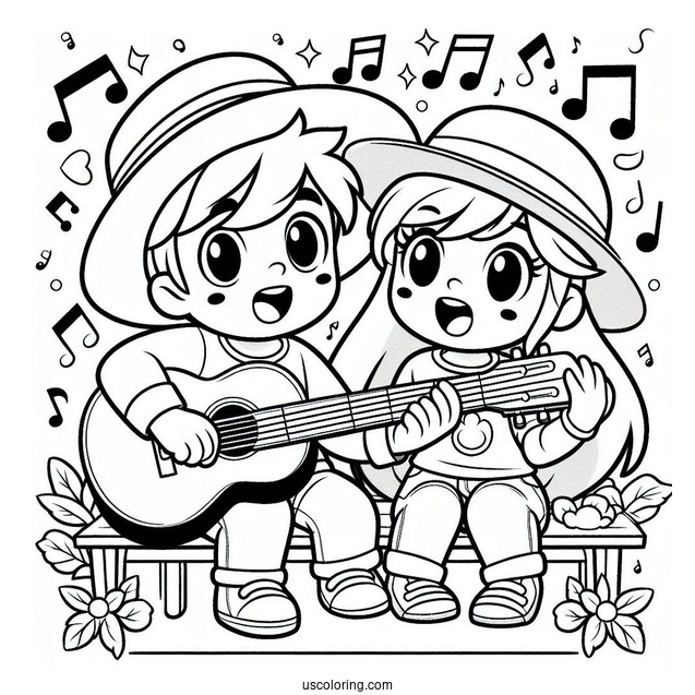 Sing Coloring Page Of Johnny And Ash Playing Music For Preschoolers