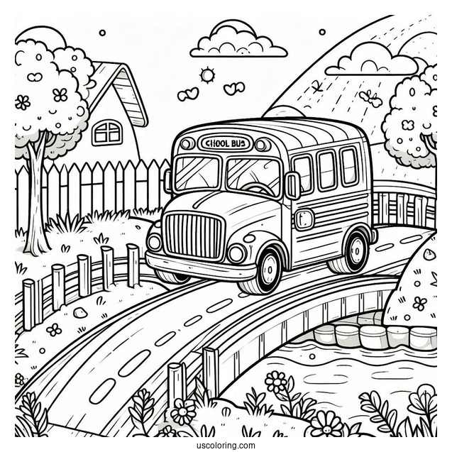 Cute School Bus Coloring Page Crossing A Small Bridge