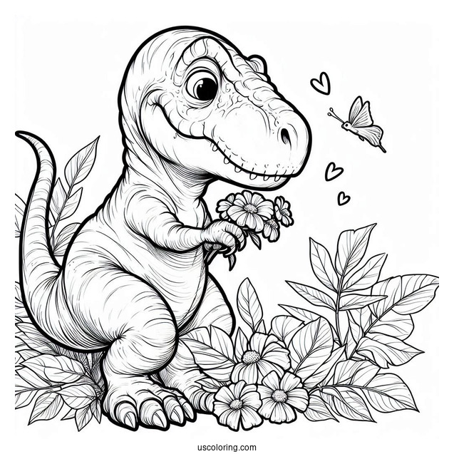 Baby T-Rex Smelling Flowers Coloring Sheet