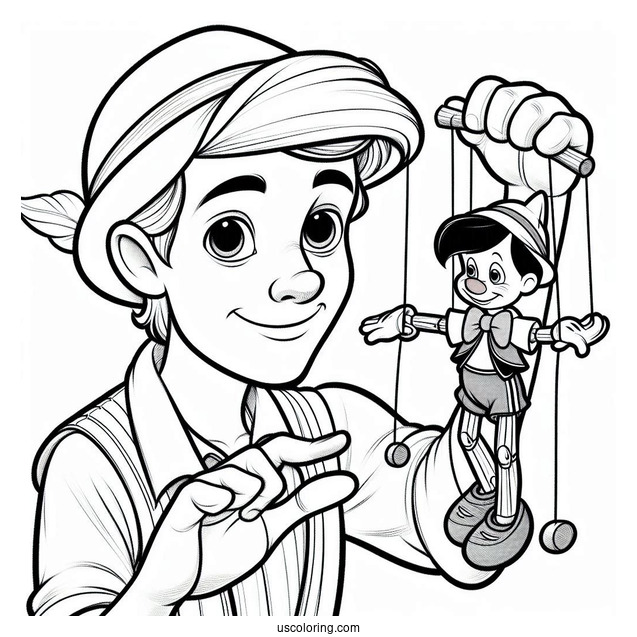 Geppetto Controlling Puppet Pinocchio Coloring Page