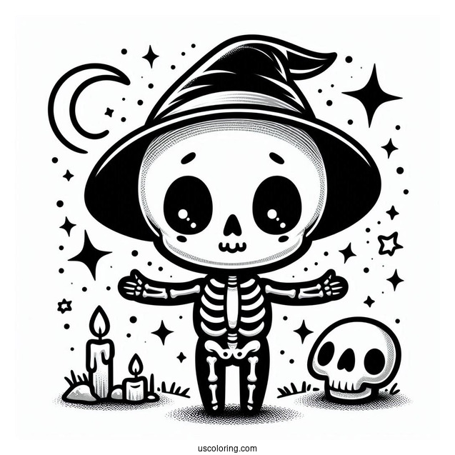 Spooky Chibi Skeleton Coloring Page In Halloween