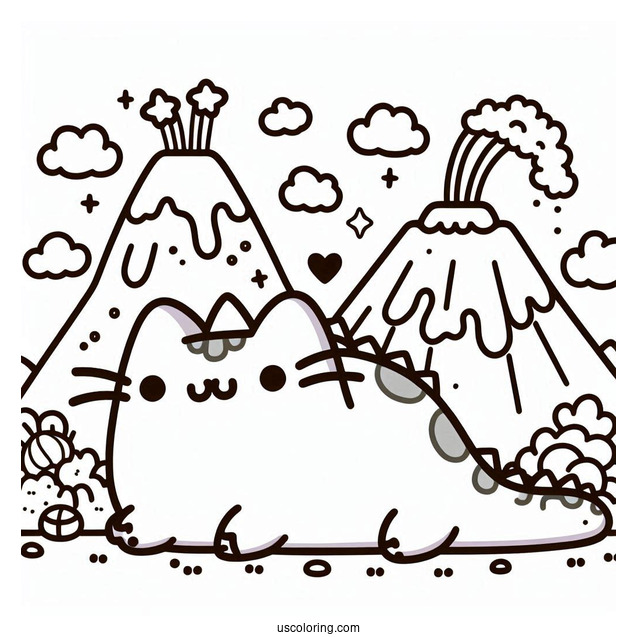 Dinosaur Pusheen Next To Volcano To Color