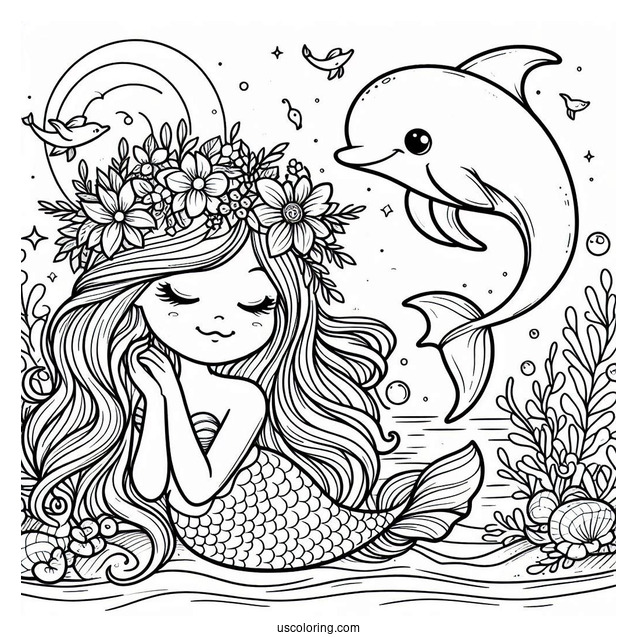Mermaid And Dolphin Coloring Page