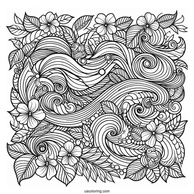 Waves And Flowers Pattern Coloring Page