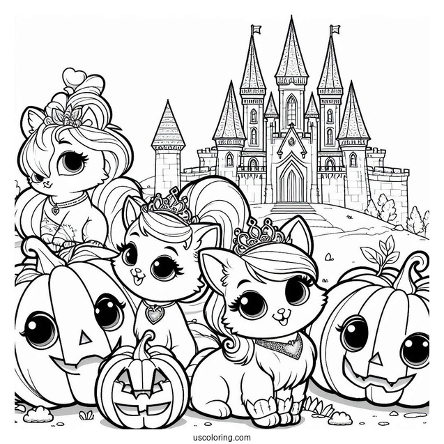 Palace Pets Coloring Page Of Treasure, Petite, Pumpkin And Ms. Featherbon In Front Of Castle