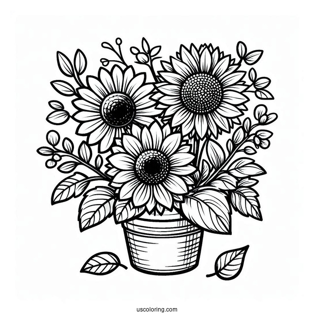 Flower Coloring Pages Of Three Happy Sunflowers In Garden Pot