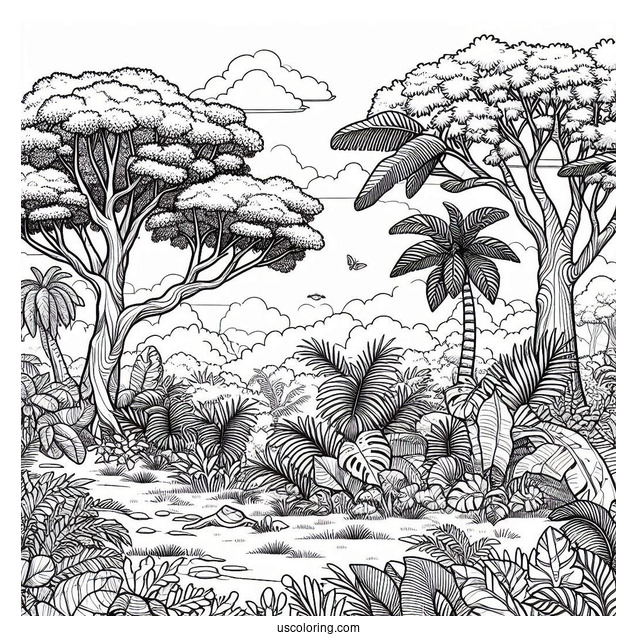 Jungle Coloring Page Of Trees And Vegetation