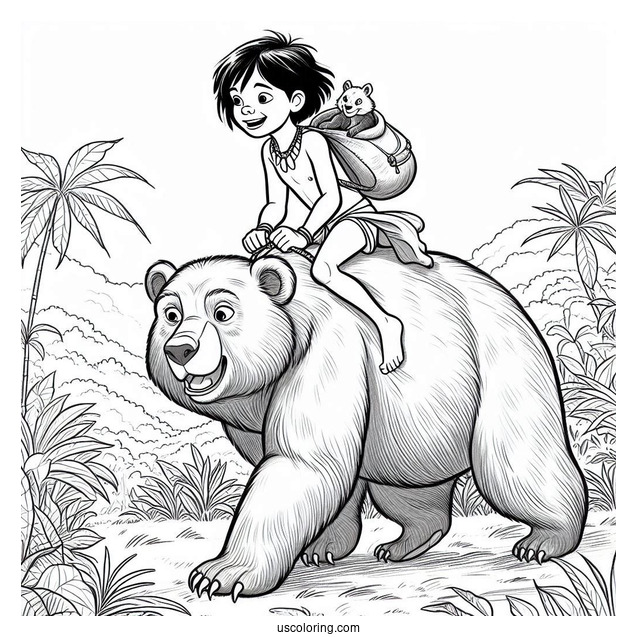 Jungle Book Coloring Page Of Mowgli Riding On Baloo s Back For Kids