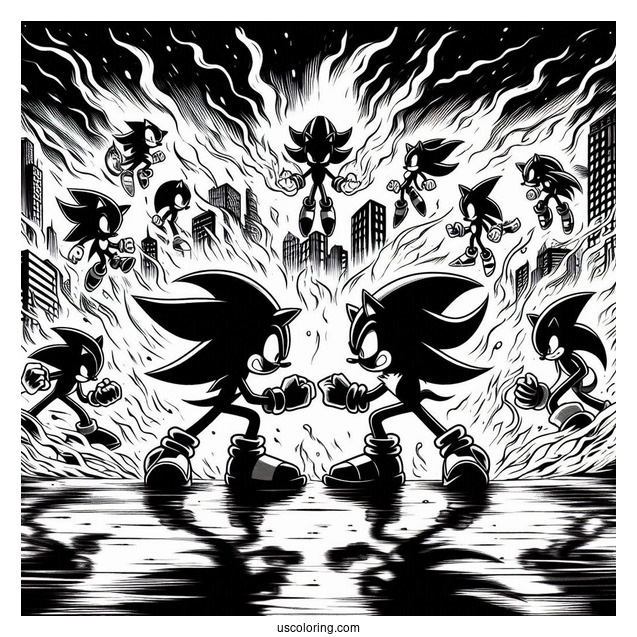 Shadow Coloring Page Of Fighting In Burning City