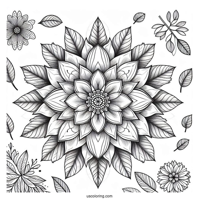 Detailed Flower Mandala With Loose Petals And Leaves Coloring Page