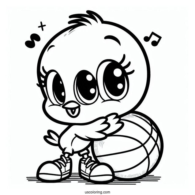 Kawaii Tweety Bird With Basketball Coloring Sheet For Preschoolers