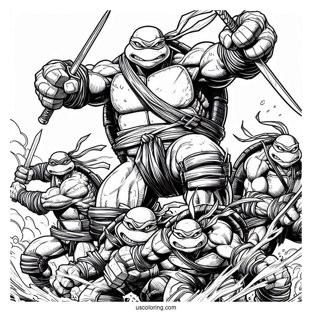 Ninja Turtles Coloring Page Of Raphael, Donatello, Michelangelo, And Leonardo Charging At Enemy