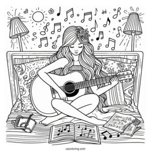 Music Coloring Page Of Woman Playing Acoustic Guitar On Bed